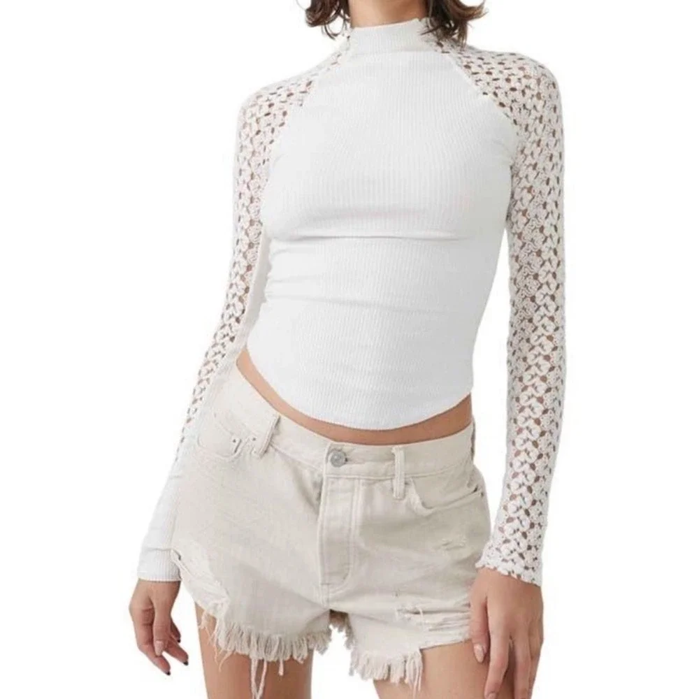Free People White Long Sleeve Ribbed Top with Crochet Sleeves